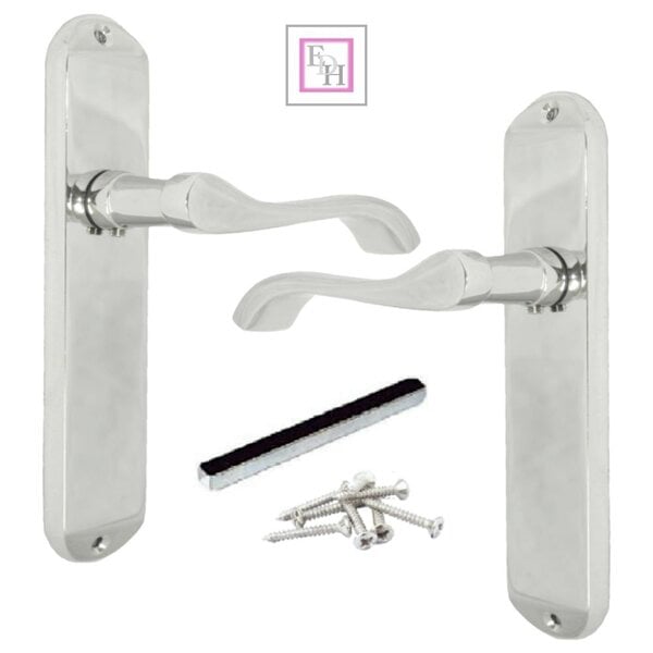 EDH Door Hardware Cadenza Victorian Scroll Door Handles Polished Chrome – Lever Latch, Bathroom Lock & 3 Lever Lock Sets