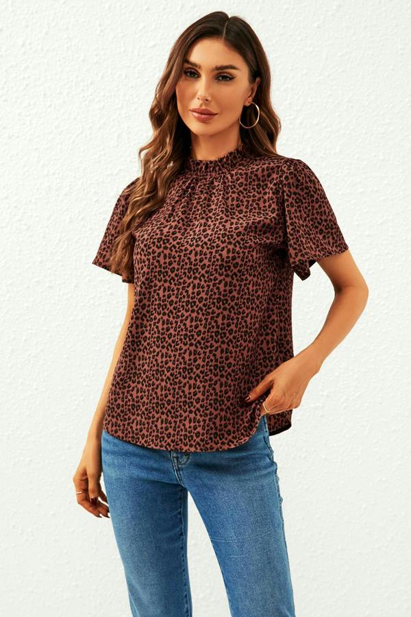 FS Collection Leopard Print Angel Sleeve High Neck Top/Blouse In Rusty