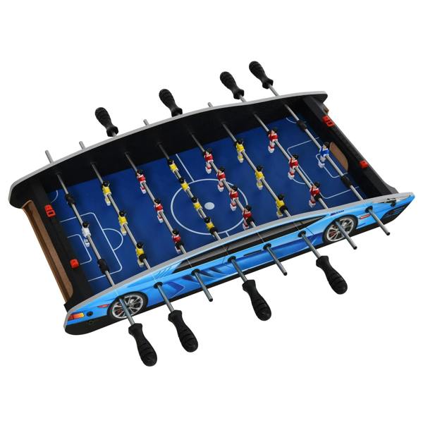 Blue 29 inch mini tabletop foosball table with black handles and molded player figures
