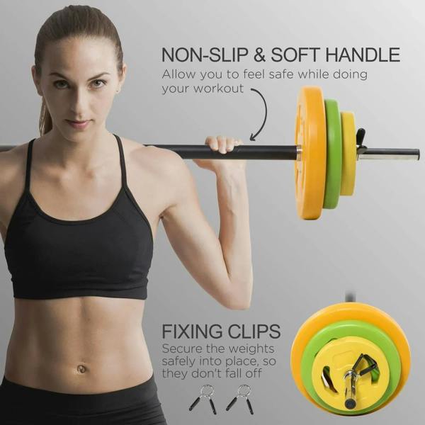 Adjustable barbell weights with multicolor plates and black non-slip handle