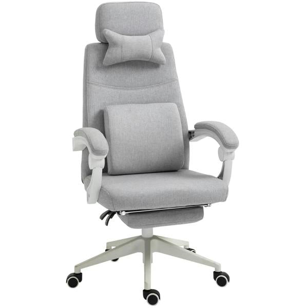 Light grey fabric high-back office chair with headrest and lumbar pillows, armrests, footrest