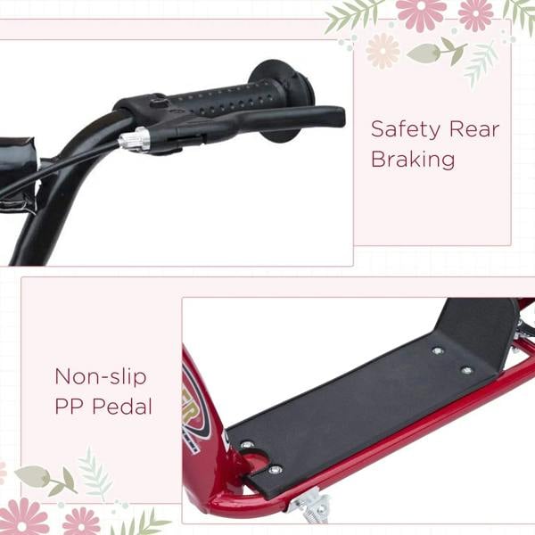 Red kids kick scooter detail: non-slip black foot pedal and safety rear braking handle