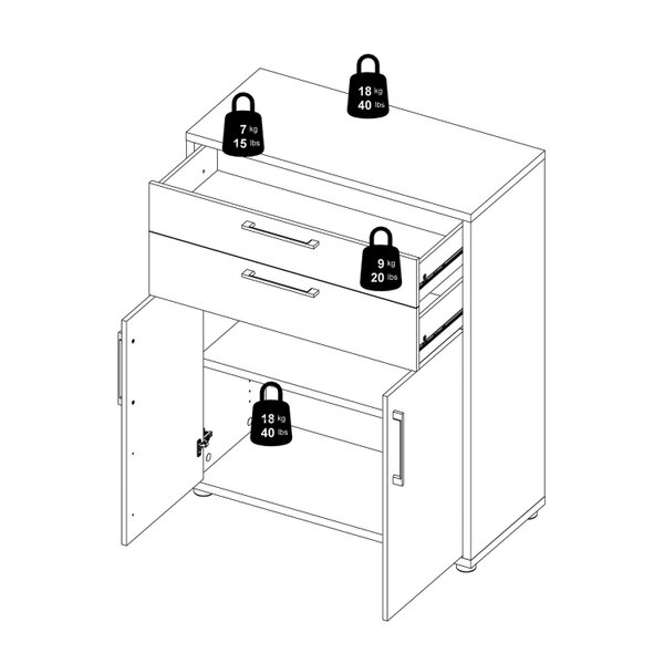 Wyld Haus Dris White Wooden Bookcase 1 Shelf 2 Drawers 2 Doors