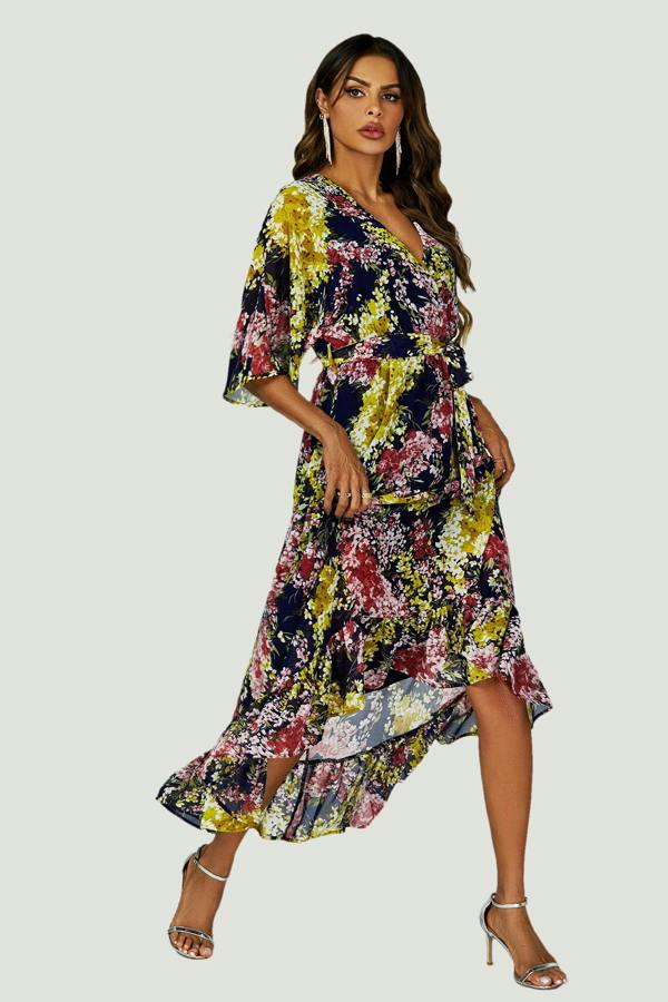 FS Collection Floral Print Wrap Top Kimono Sleeve Maxi Dress In Navy