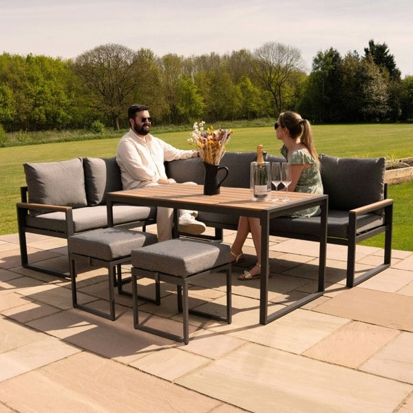 Jardi Aluminium Corner Sofa Set With Black Rattan Storage Box - Wood Effect