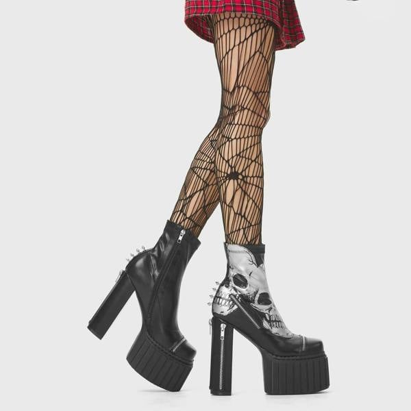 Lamoda Unbowed Black PU Skull Platform Boots Gothic Edgy Street Fashion