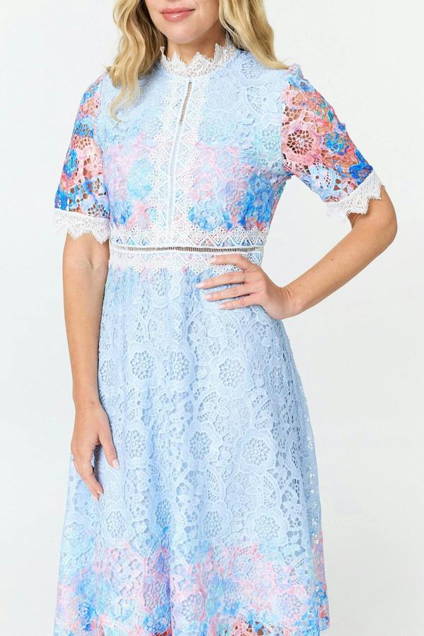 Blue | Floral Lace Trim 1/2 Sleeve Midi Dress