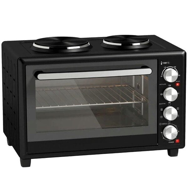 36L Mini Oven with Dual Hot Plates, Electric Countertop Cooker with Convection, 90–230°C Adjustable Temperature
