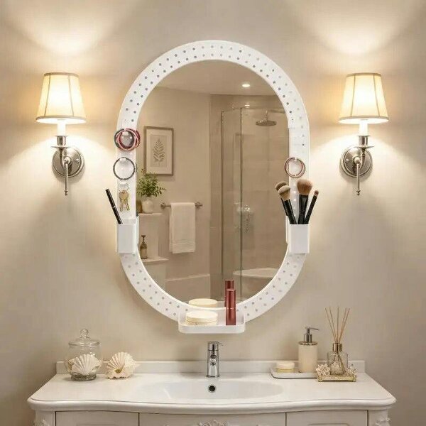 Oval Wall Mirror, 60 x 90 cm Decorative Hanging Mirror with Pegboard Frame, Wall-Mounted, White - White