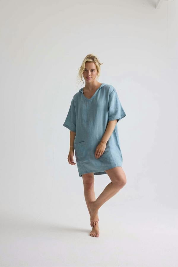 Pretty You London Relaxed Linen Hooded Tunic In Blue Haze