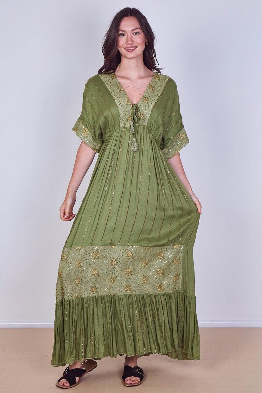Boho Sequin leaf Embroidered Maxi Dress