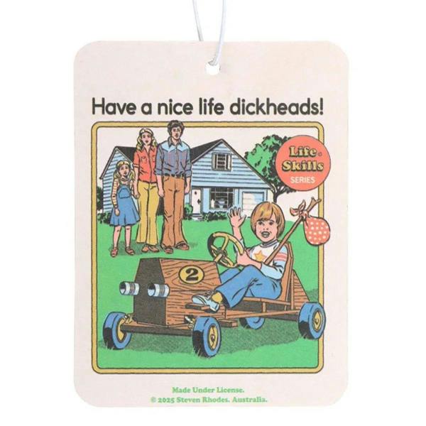 Close-up hanging vanilla air freshener tag with cartoon art and 'Have a nice life dickheads!'