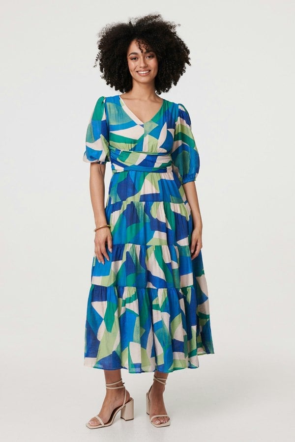 Green | Abstract Ruched 3/4 Sleeve Midi Dress
