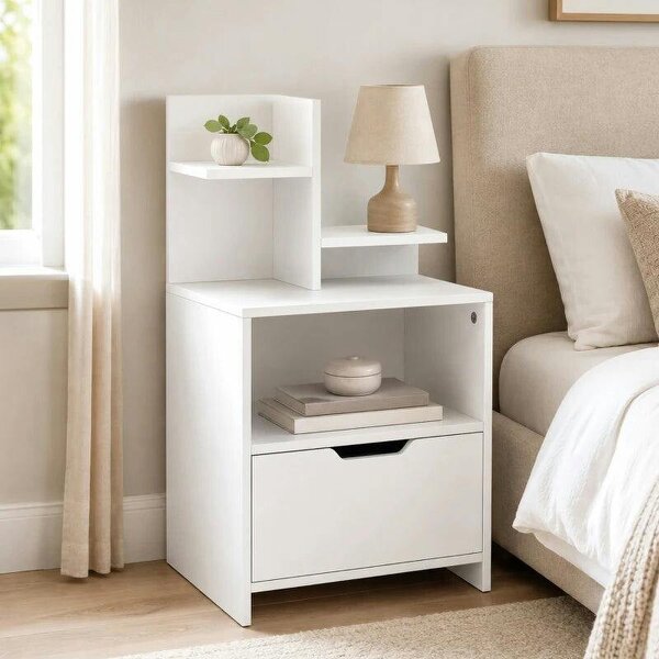 Bobobiy Modern Bedside Table, Nightstand with Drawer, Shelf, Bedside Cabinet for Bedroom, Living Room, White