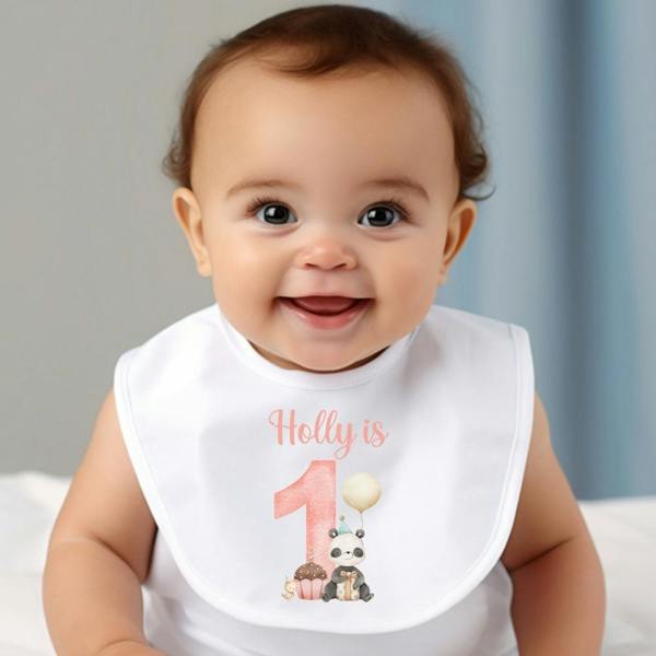 Personalised Pink Panda 1st Birthday Baby Grow, Vest or Bib with Name