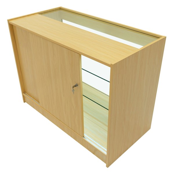 Triton LED Shop Counter Set in maple finish, featuring a sleek design, glass shelves, and a lockable door for secure storage