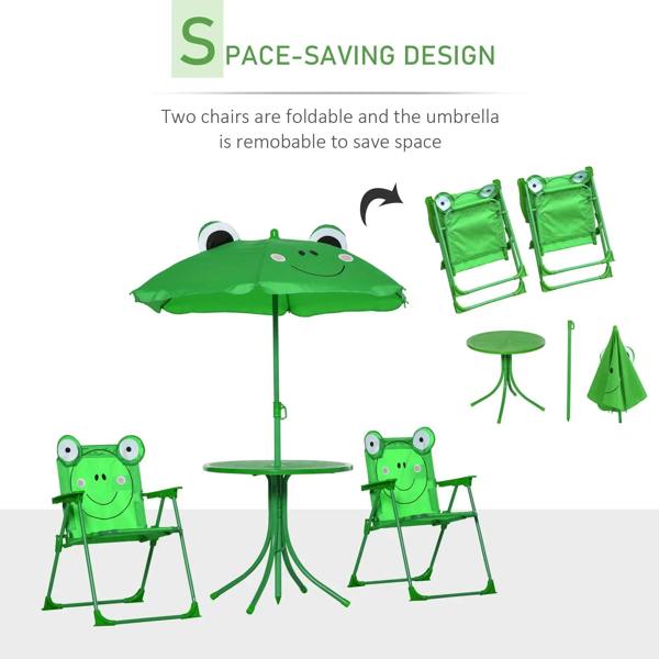 Kids picnic set with green parasol and two foldable frog chairs, compact layout