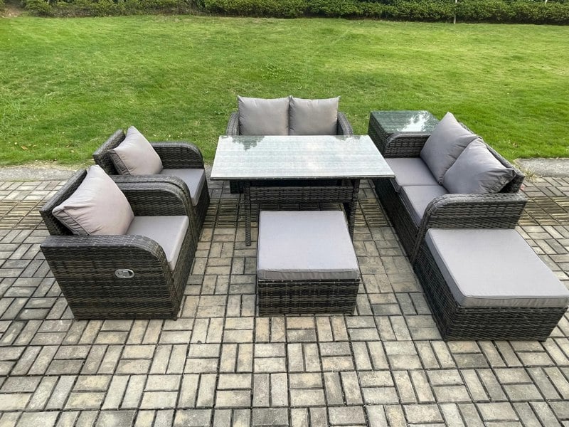 Fimous 8 Seater Grey Rattan Outdoor Lounge Set - Rectangular Table, Reclining Chairs & 2 Stools
