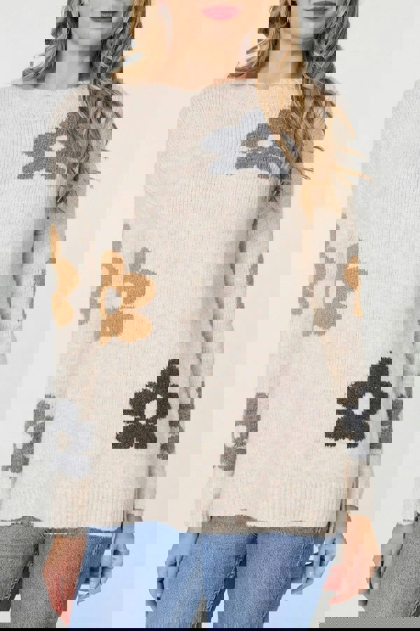 Beige | Floral Textured Knit Long Sleeve Jumper