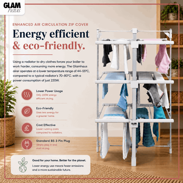 GlamHaus Heated Clothes Airer Dryer Rack Aluminium with Cover Electric 220W - Indoor - Folds Flat for Easy Storage