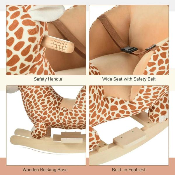 Giraffe rocking horse details: safety handle, wide seat with safety belt, footrest
