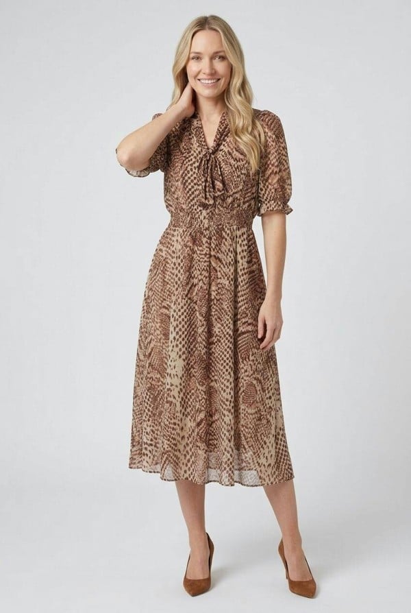 Izabel London Printed Mesh 1/2 Puff Sleeve Midi Dress