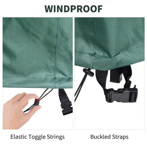 Green patio cover straps detail: elastic toggle strings and buckled straps