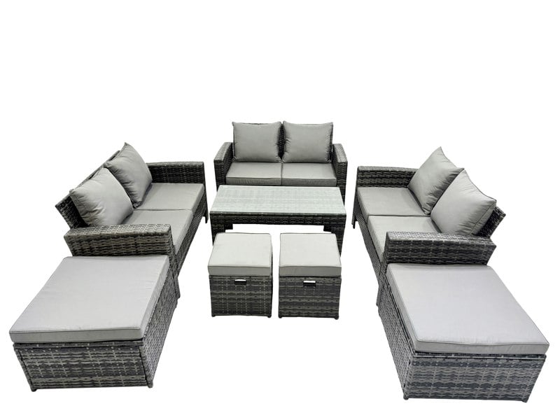 Fimous Outdoor Love Sofa Set 10 Seat Rattan Garden Furniture Set with Oblong Coffee Table 4 Stools Dark Grey Mixed