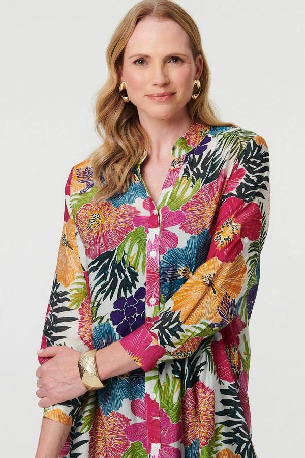 Pink | Floral Longline Long Sleeve Tunic Shirt