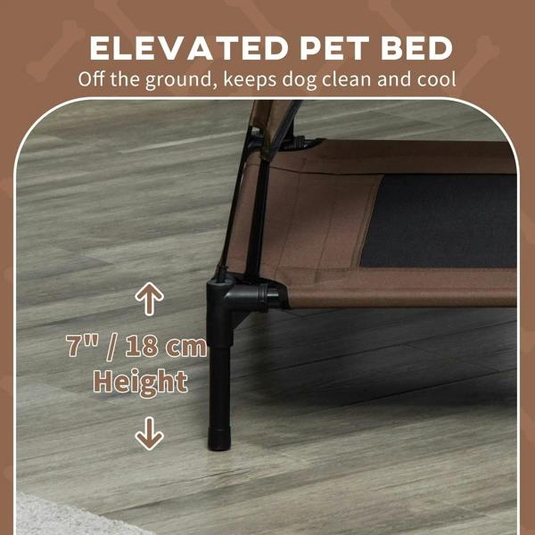 Elevated brown dog cot bed with black legs for off-the-ground support