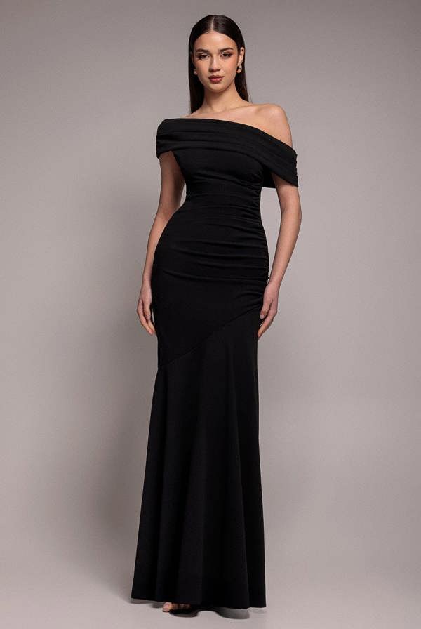 Pleated One Shoulder Bardot Fit And Flare Maxi Dress - Black DR4909