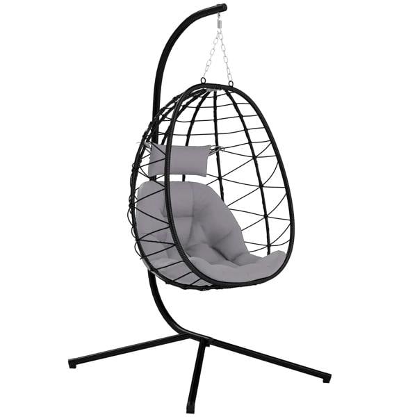 Hanging egg chair with stand, black woven frame and grey cushioned seat with headrest