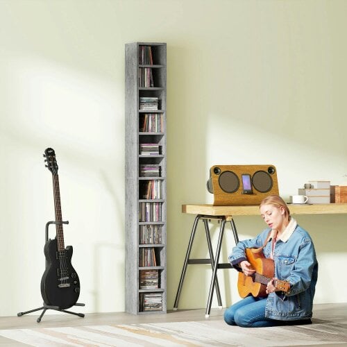 Wyld Haus Loli Wooden Cement Grey Tall Narrow Media Storage Tower With 204 Disc Capacity