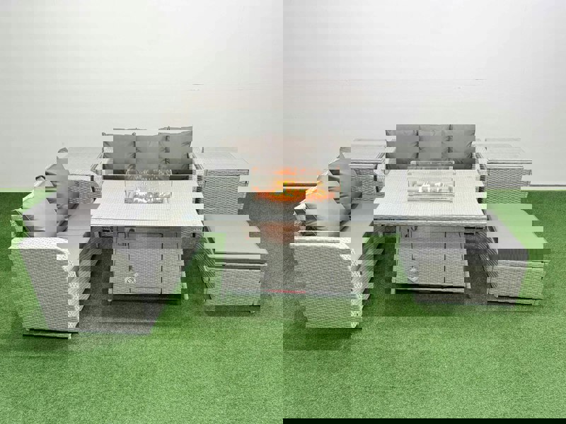 Fimous 6 Seater Rattan Garden Furniture Patio Sofa Set with Fire Pit Dining Table 3 Seater Sofa Love Sofa Big Footstool 2 Side Table