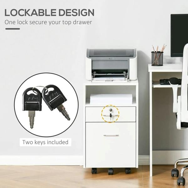 White lockable filing cabinet showing key cylinder and drawer lock detail