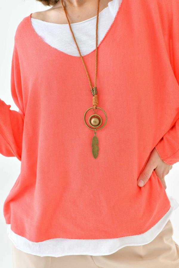 Hoxton Gal Oversized Long Sleeve Layered Blouse With Necklace in Coral and White
