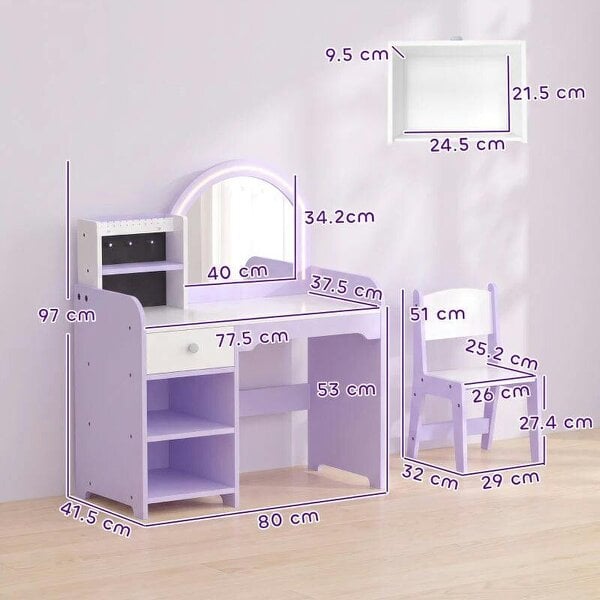 Kids Vanity Set, Kids Dressing Table with Stool, 2-Colour Lights Mirror, Pretend Dresser Gift for Ages 3-8, Purple