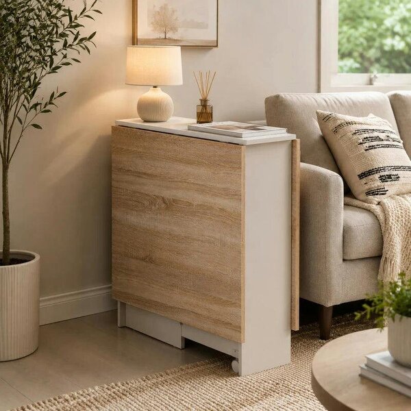 Folding Dining Table, Drop Leaf Table with 2-Tier Shelves, Rolling Casters, White and Natural
