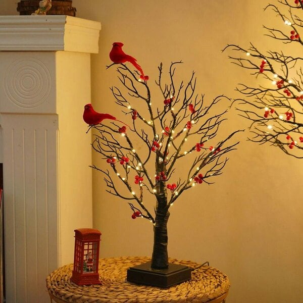 smartbies Pre Lit Birch Christmas Tree with Led Lights And Birds - Red