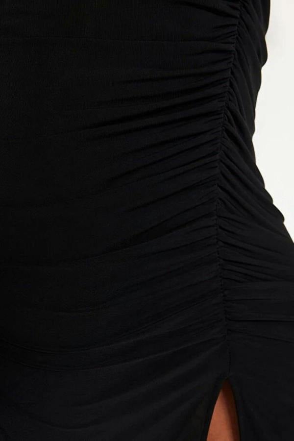 Fitted V Neck Ruched Detail Midi Bodycon Dress