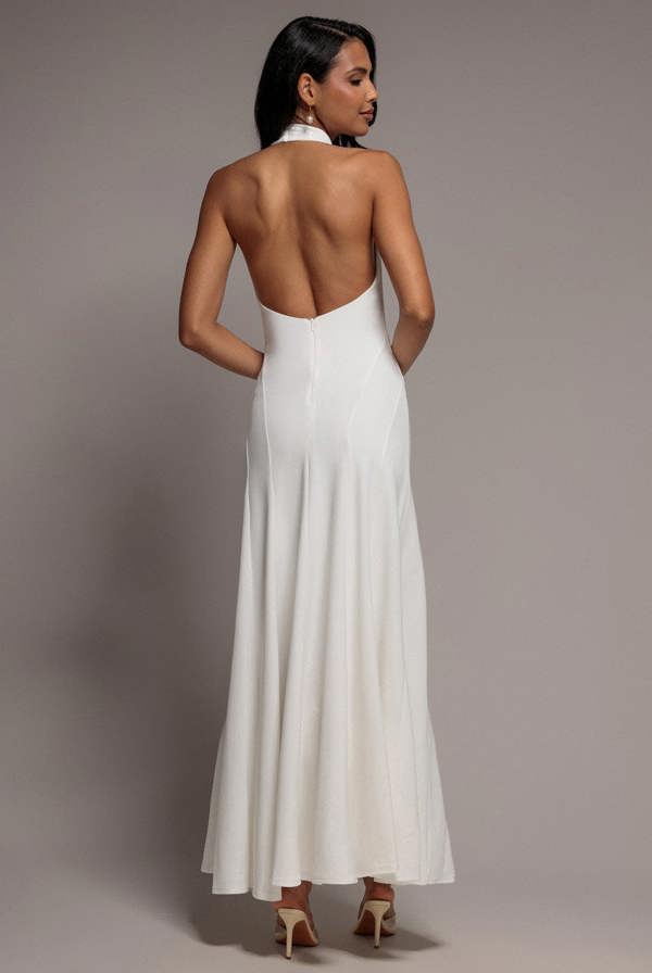 Halterneck Cowl Neck Backless Scuba Crepe Maxi Dress - White DR5148