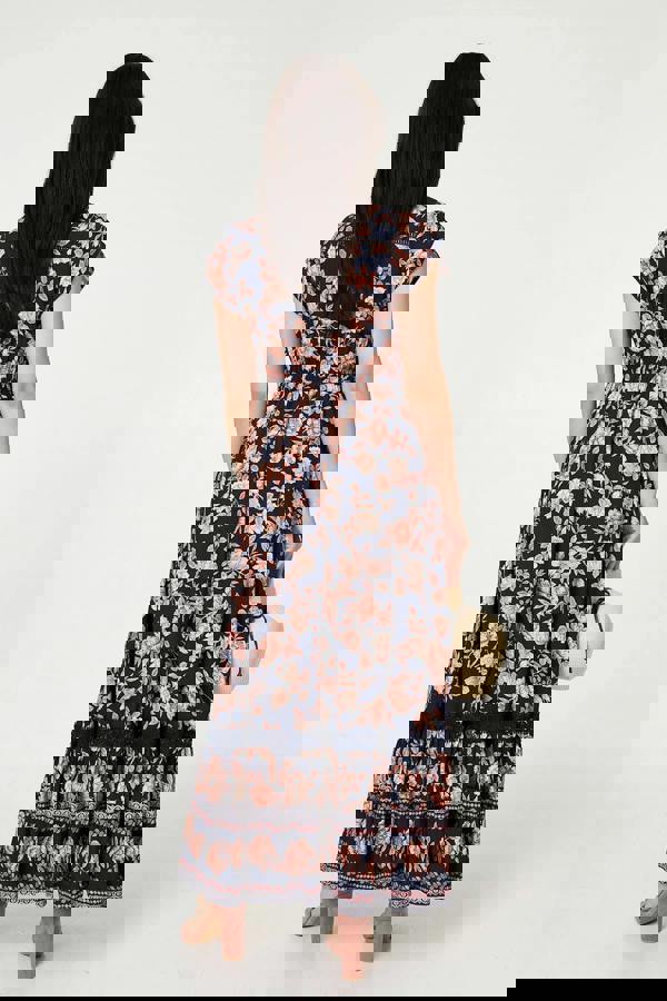 Navy | Lace Trim Tiered Cap Sleeve Maxi Dress