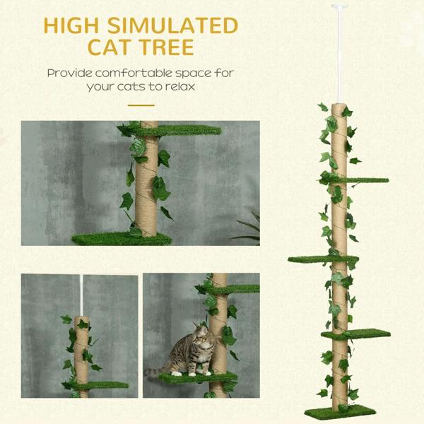 Floor-to-ceiling cat tree with green platforms and leaf-wrapped jute posts, with a resting cat