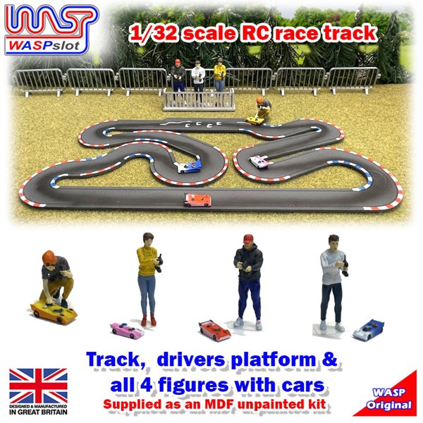 a toy race track with people and cars