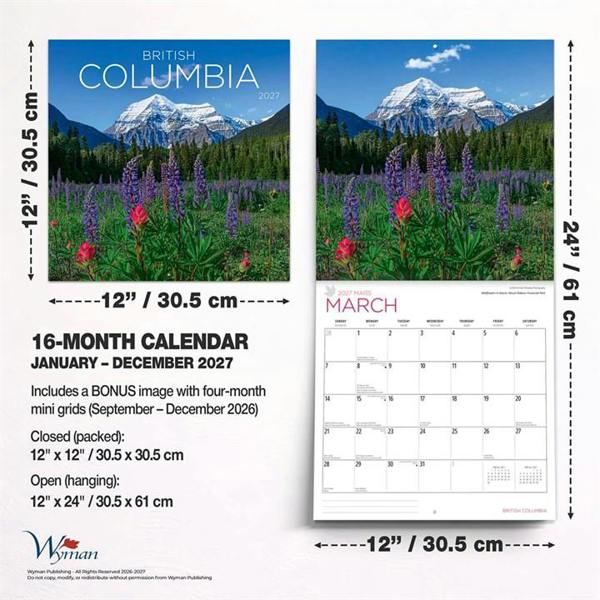 British Columbia Calendar 2027, Wall Calendars, Month To View, Travel, Gift
