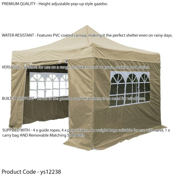 3x3m Pop-Up Gazebo & Side Walls Set BEIGE - Strong Outdoor Garden Pavillion Tent - LoopsDirect