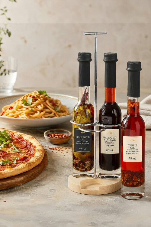 Kimm and Miller Infused Oil and Balsamic Vinegar Trio with Rack
