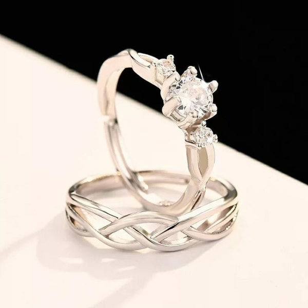 The Colourful Aura Adjustable Silver Couple Promise Braid Zircon Matching Ring set