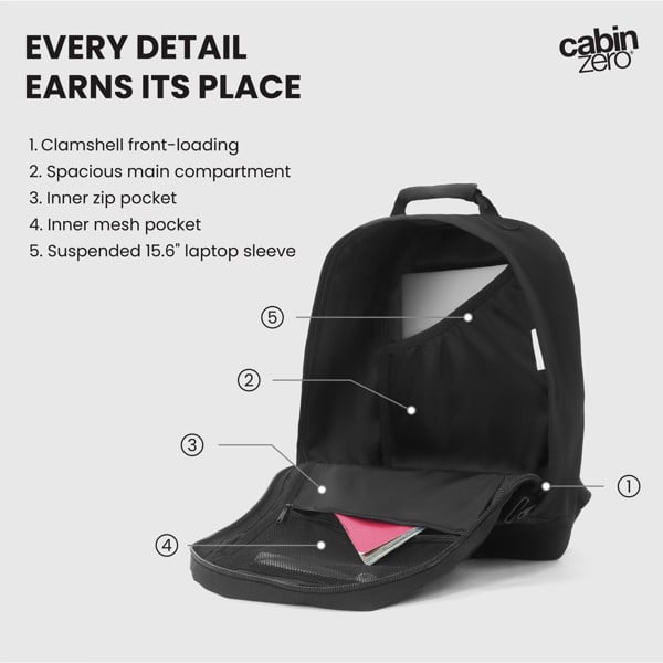 CabinZero Classic Cabin Backpack 28L, Underseat-Approved Carry On, Lightweight Travel Bag for Flights