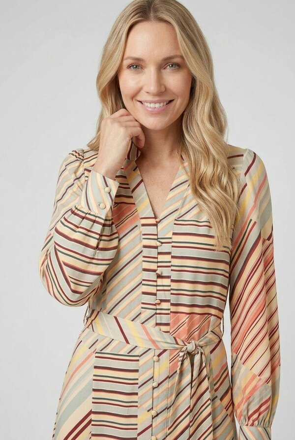 Izabel London Striped Long Sleeve Tie Waist Midi Dress
